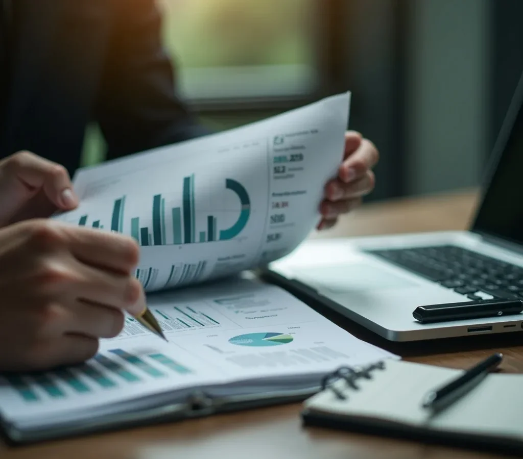 Close-up of hands reviewing financial documents and a laptop with spreadsheet charts
