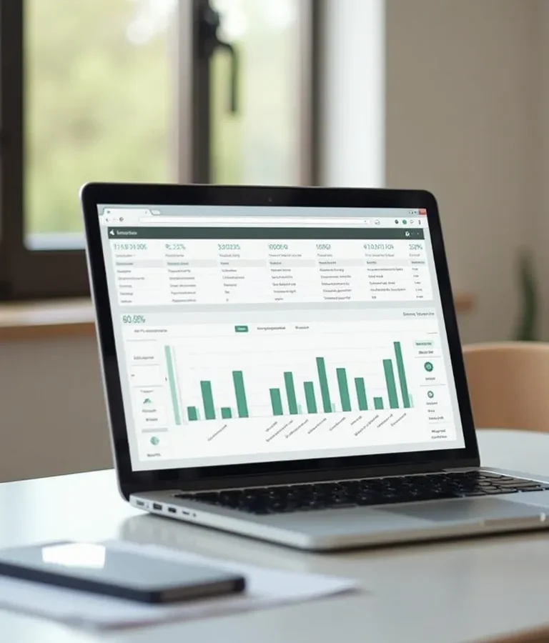 A financial dashboard with green charts and a chart of accounts open on a laptop