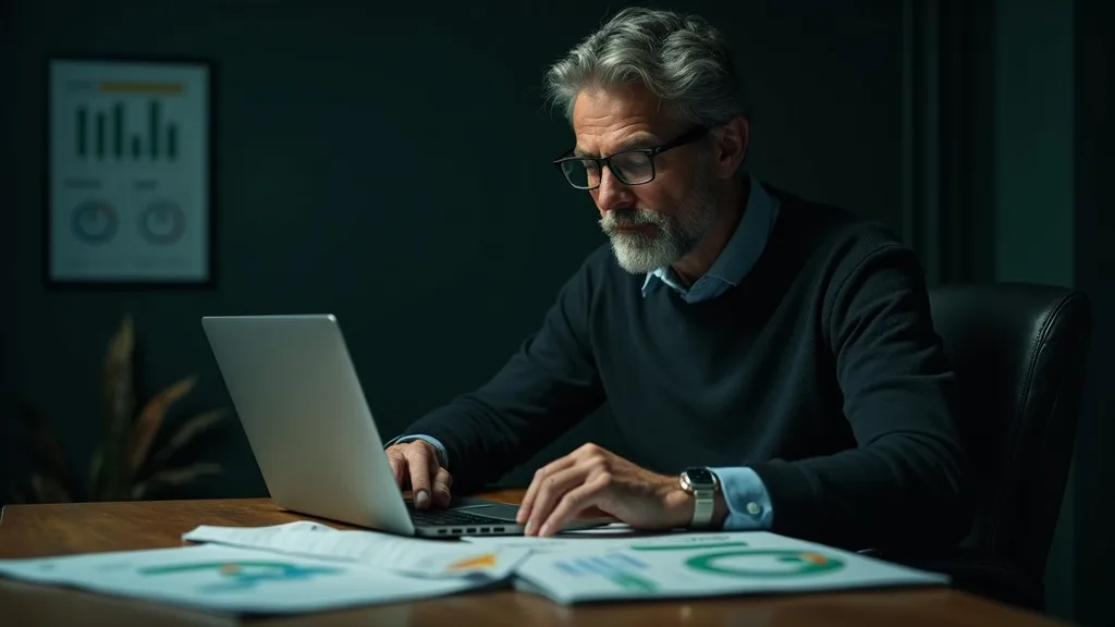 Man reviewing financial charts and documents at a desk in moody dark lighting