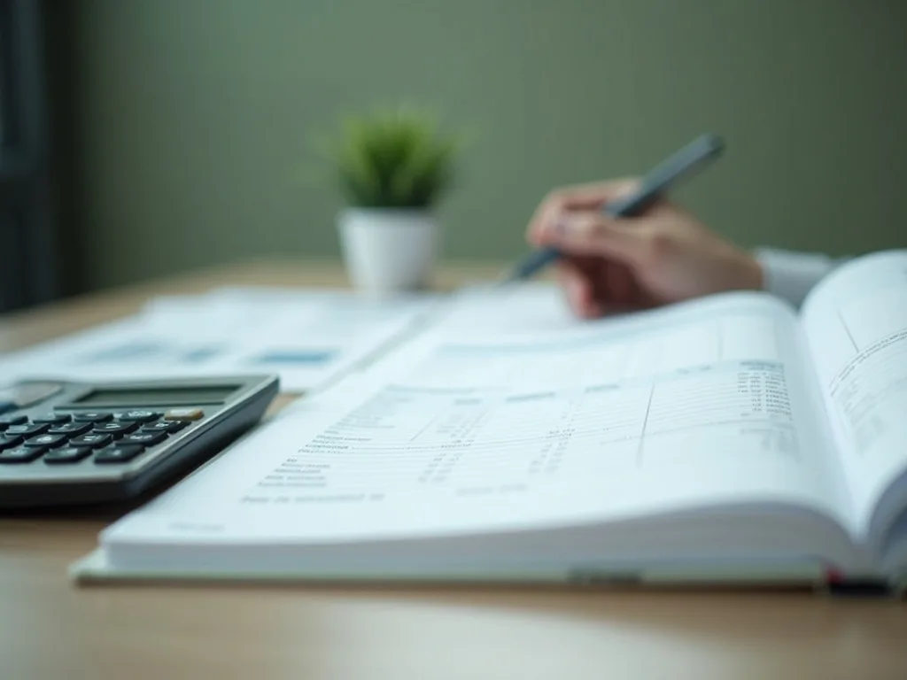 Open ledger book, calculator, and financial documents on a desk
