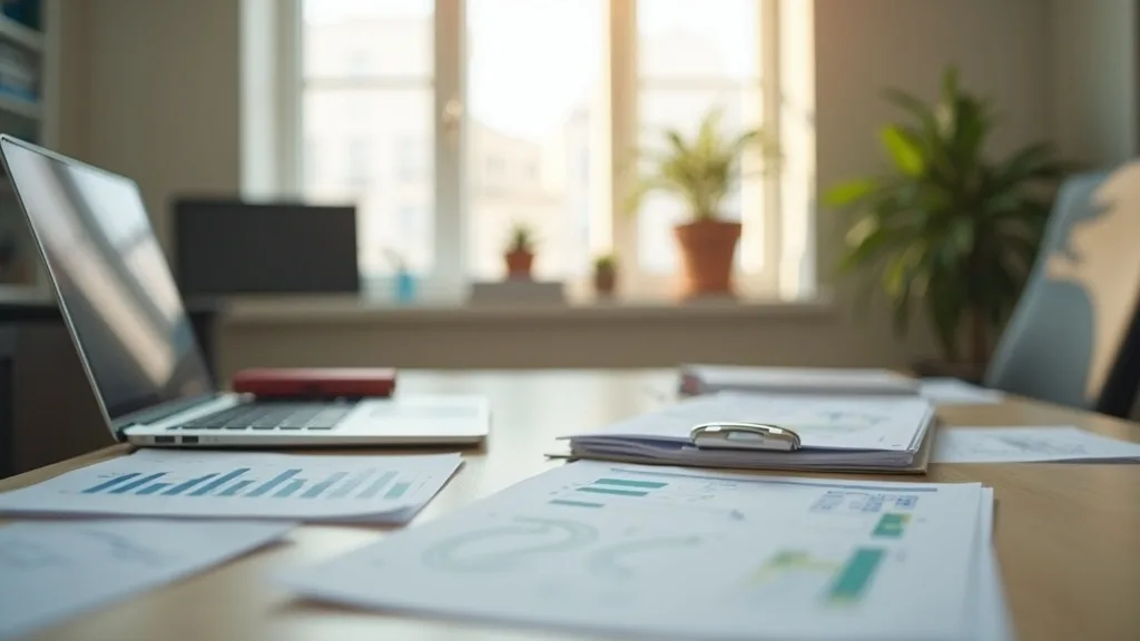 Accounting desk with financial charts, documents and a laptop