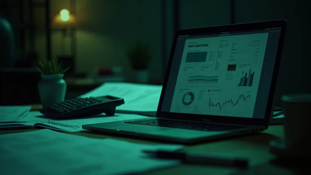 Moody desk scene with laptop showing financial charts, calculator, and organized papers