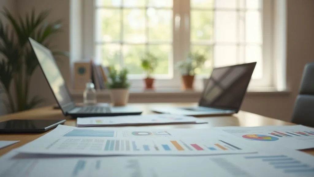 Workspace with laptops and printed financial reports and charts